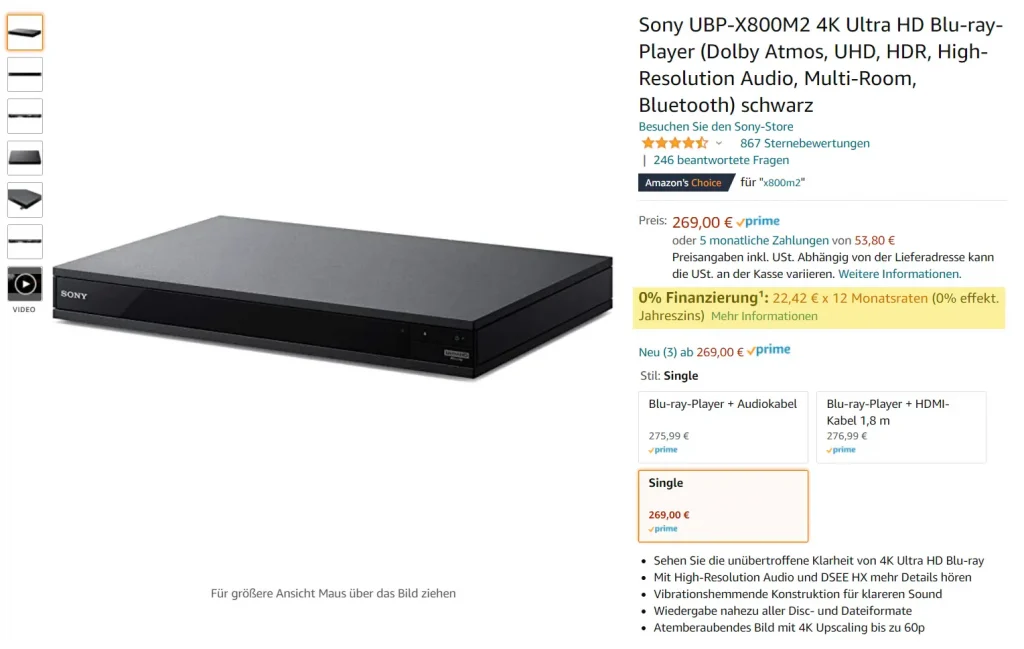0 Prozent Finanzierung bei Amazon am Beispiel vom Sony UBP-X800M2 UHD Blu-ray Disc Players