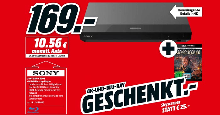 MediaMarkt schenkt Skyscraper 4K Blu-ray beim Kauf vom Sony UDP-X500 UHD Blu-ray Disc Player
