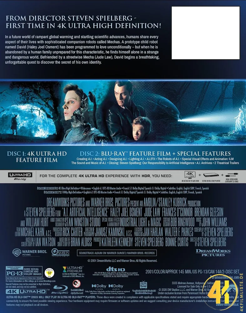 AI Künstliche Intelligenz US Backcover 4K Steelbook Ultra HD Blu-ray Disc