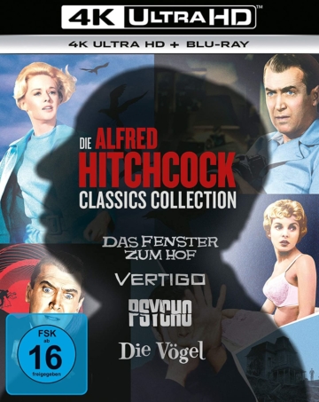 Alfred Hitchcock 4K Blu-ray Collection Frontcover mit High Dynamic Range inklusive Die Vögel, Psycho, Das Fenster zum Hof und Vertigo