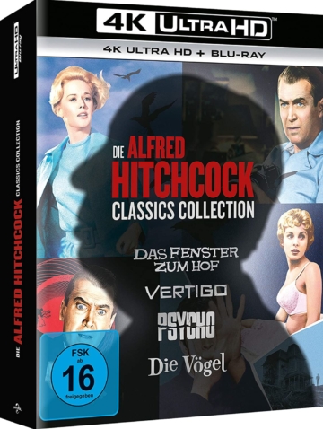 Seitenansicht der Alfred Hitchcock 4K Blu-ray Limited Collection mit Die Vögel, Das Fenster zum Hof und Vertigo sowie Psychon in 4K
