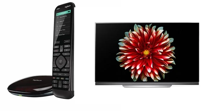 Bild einer Logitech Elite Touch und eines OLED Fernsehers