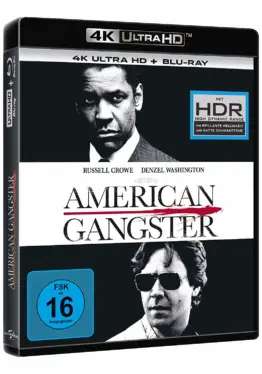 American Gangster 4K UHD Blu-ray Disc Cover mit den Oscar-Gewinnern Denzel Washington und Russell Crowe