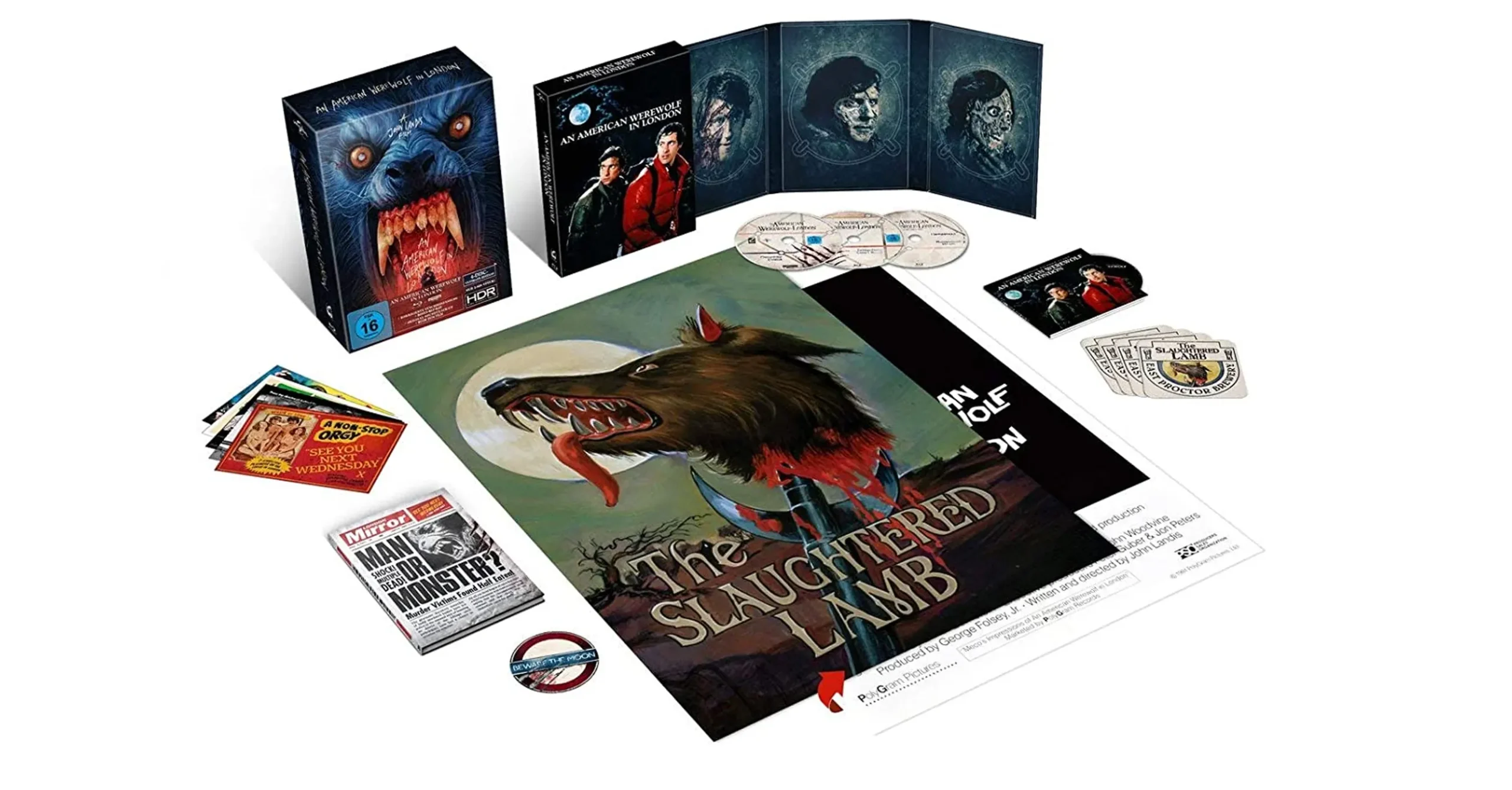 An American Werewolf in London 4K UHD Boxset mit Bierdeckel, CD, Poster, Buch zur Filmgeschichte