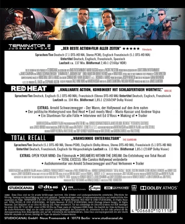Backcover zur Arnold Schwarzenegger Collection - 4K Ultra HD Blu-ray Disc Edition mit Red Heat, Terminator 2: Judgment Day und Total Recall