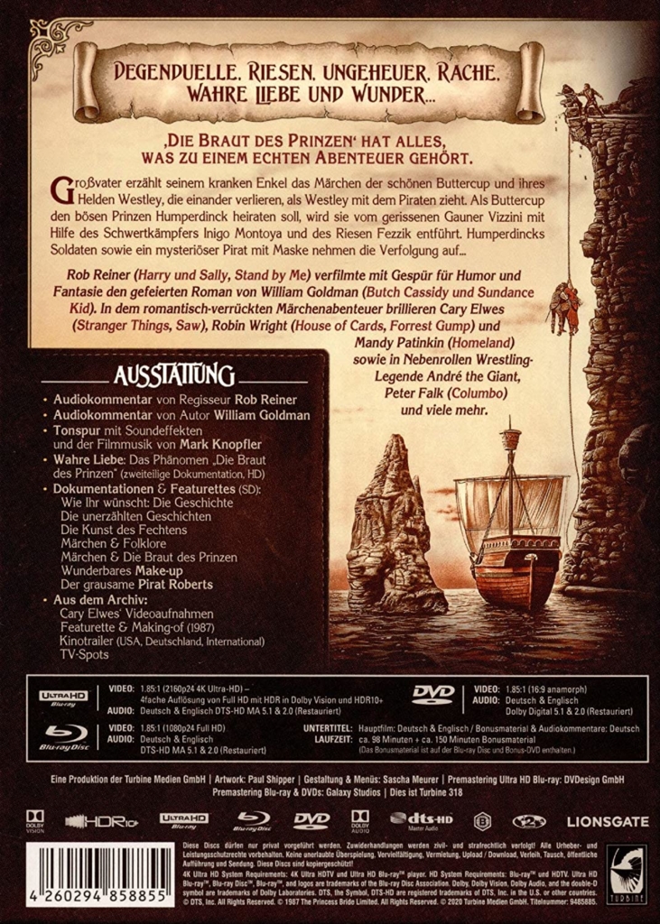 Mediabook Backcover zu Die Braut des Prinzen zeigt HDR10+ und Dolby Vision Logo