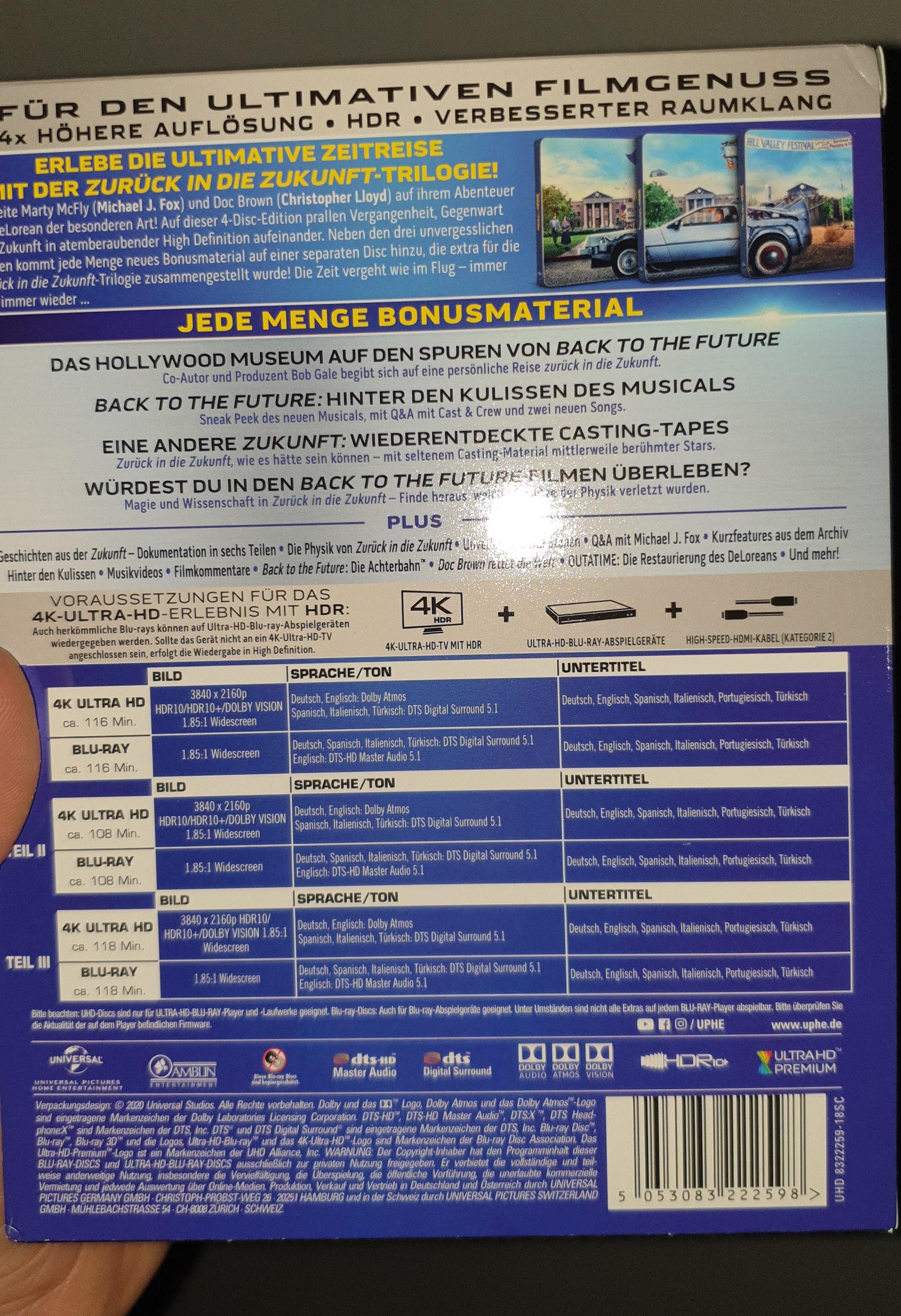 Backcover vom Zurück in die Zukunft Pappschuber mit allen Steelbooks (Hinweis zu Dolby Vision / Dolby Atmos)