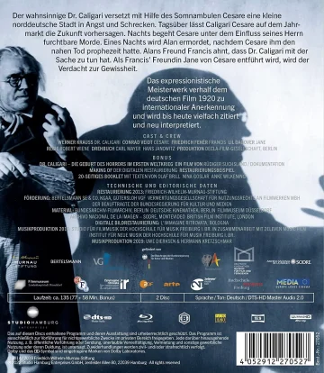 Backcover mit Informationen zum Format und den Tonspuren zu Das Cabinet des Dr. Caligari - 4K Blu-ray Disc zur Restauration der Murnau-Stiftung