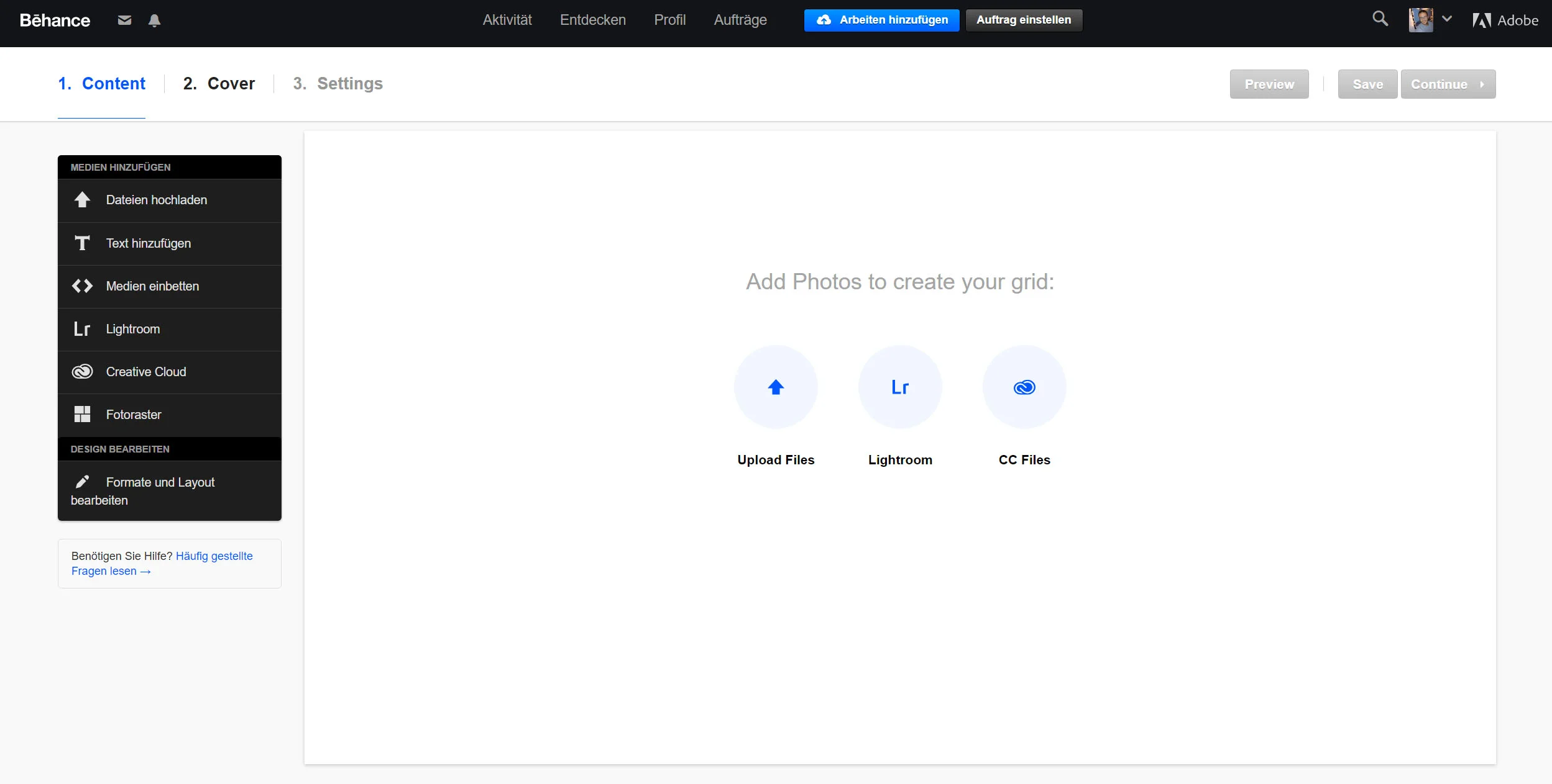 Adobe Behance Menü