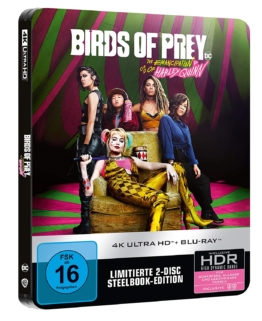 Steelbook Frontcover zu Birds of Prey - The Emancipation of Harley Quinn mit Margot Robbie, Rosie Perez und Mary Elizabeth Winstead und Schuber (mit FSK Logo)