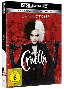 Cruelle 4K Blu-ray - 3D-Ansicht mit Pappschuber. Emma Stone als Cruella de Ville / Cruella de Vil auf dem Cover