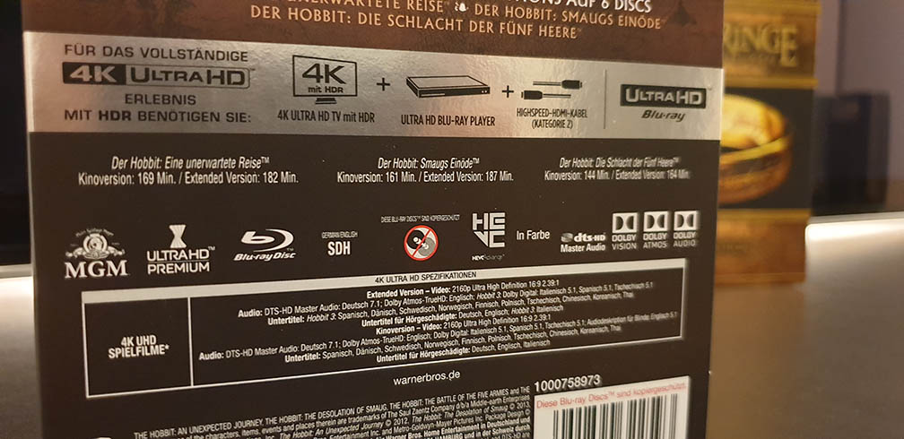 Der Hobbit 4K Blu-ray Disc (Backcover mit Dolby Vision)