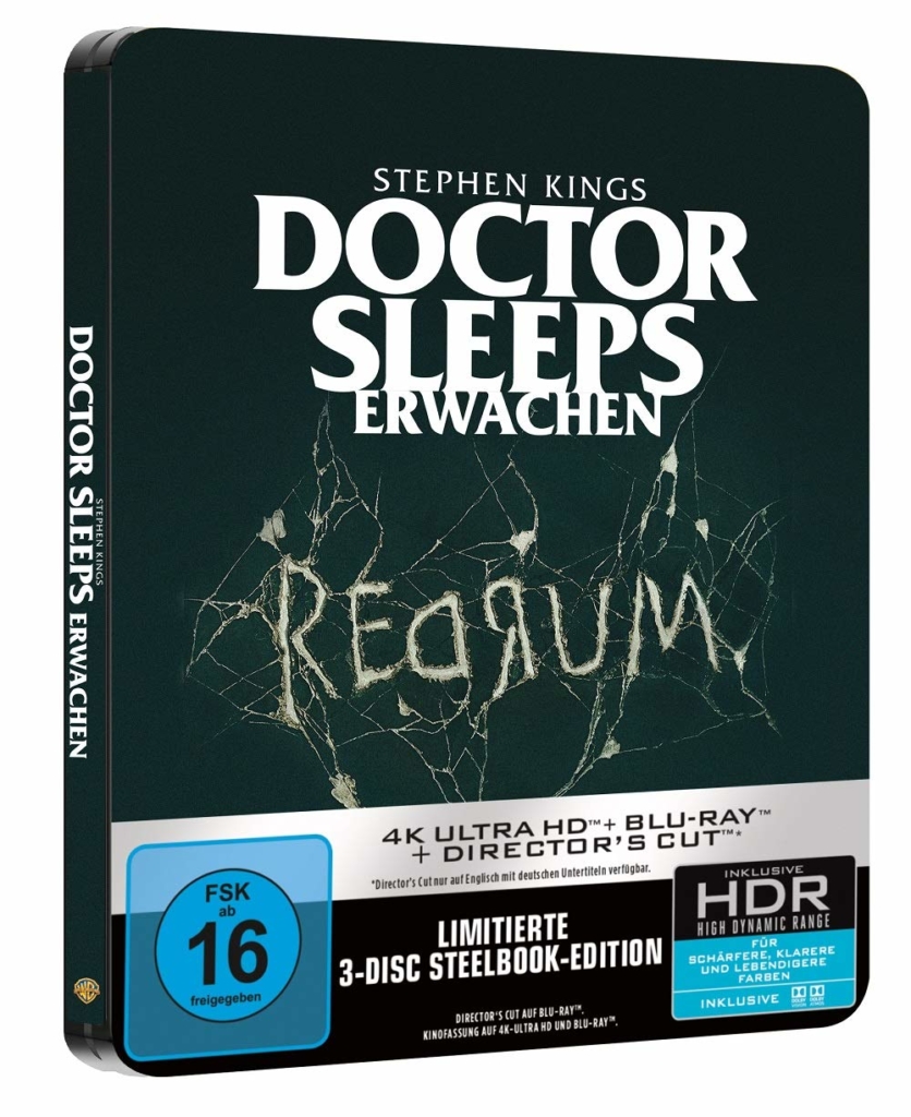 Stephen Kings Doctor Sleeps Erwachen Steelbook Frontcover mit 4k UHD Blu-ray mit HDR Zeichen als 3 Disc Set (Seitenansicht)