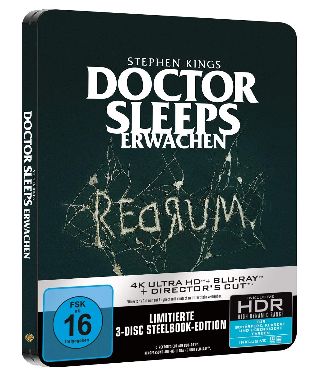 Stephen Kings Doctor Sleeps Erwachen Steelbook Frontcover mit 4k UHD Blu-ray mit HDR Zeichen als 3 Disc Set (Seitenansicht)