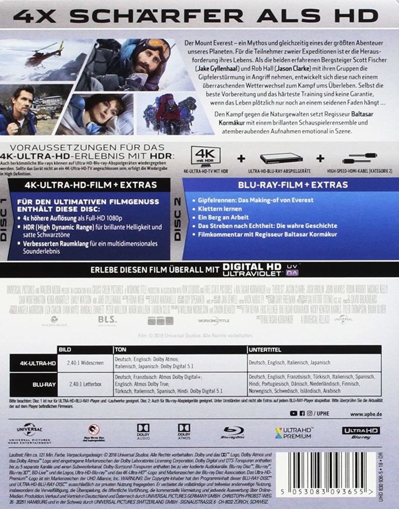 Everest 4K Blu-ray Disc (Deutsches Backcover)