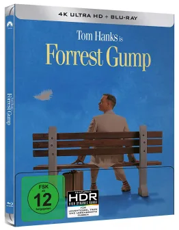 Forrest Gump - 4K Steelbook mit Tom Hanks auf einer Bank und HDR-Logo