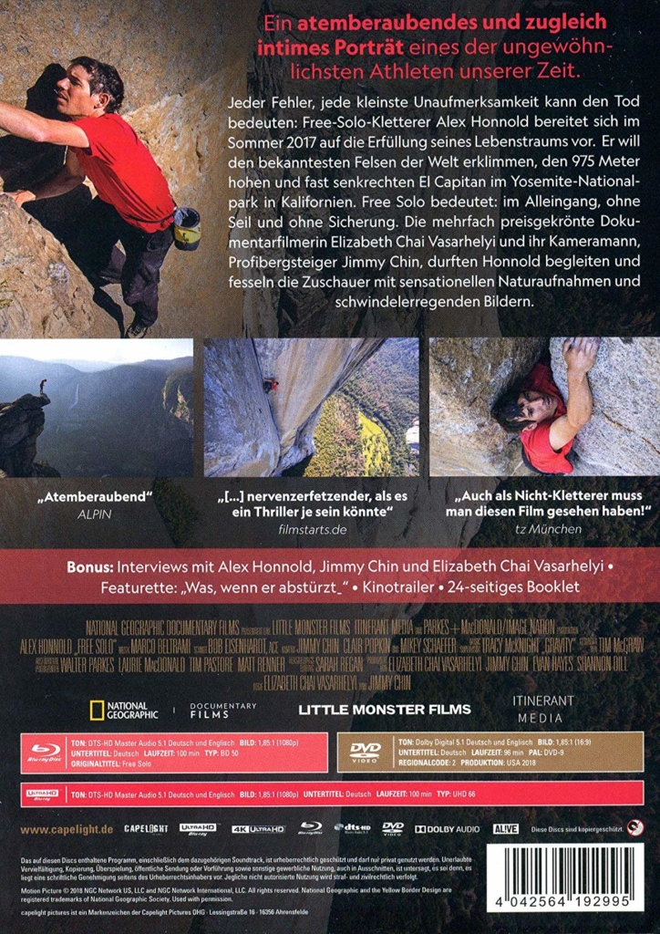 Backcover von Free Solo im 4k UHD Steelbook mit Blu-ray Disc