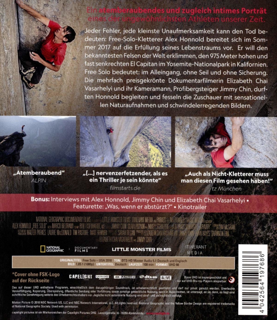 Free Solo mit Backcover und technischen Informationen zum 4K-Film