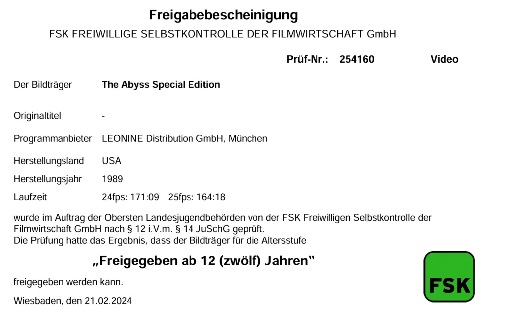 Freigabe Abyss Special Edition Deutschland FSK
