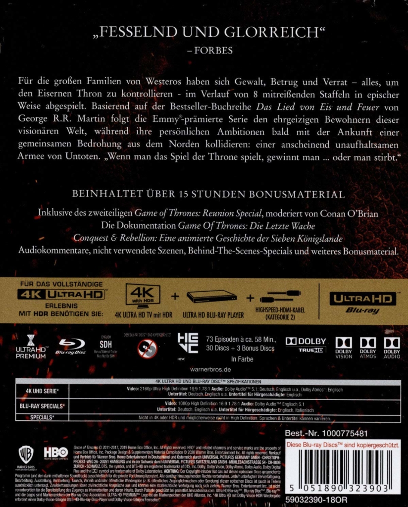 Game of Thrones 8 Staffel Collection 4K UHD Blu-ray (Backcover mit Dolby Vision & Dolby Atmos)