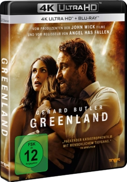 Greenland 4K UHD Blu-ray Disc Cover mit Gerard Butler und Morena Baccarin (Seitenansicht)
