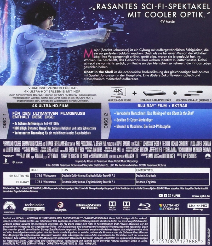 Ghost in the Shell 4K Backcover der UHD Blu-ray Disc