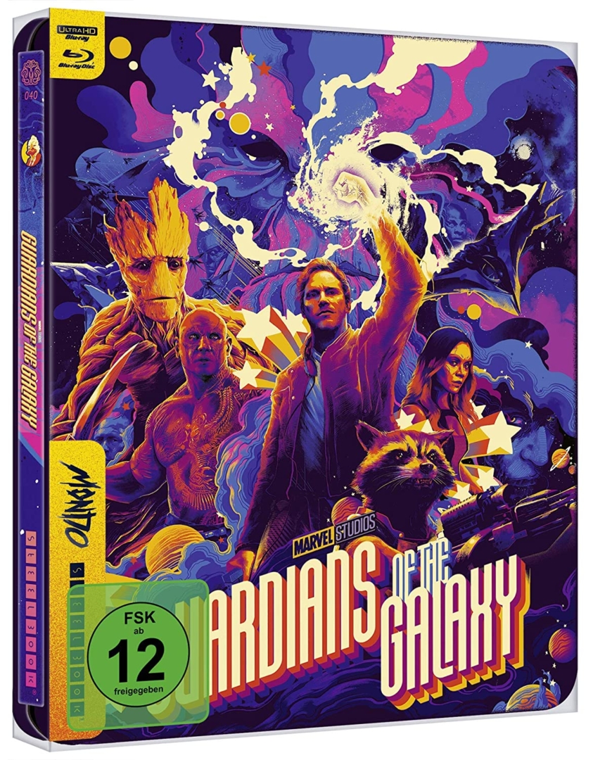 Seitenansicht Guardians of the Galaxy 4K Mondo Steelbook mit UHD-Blu-ray und Blu-ray Disc (mit Chris Pratt)