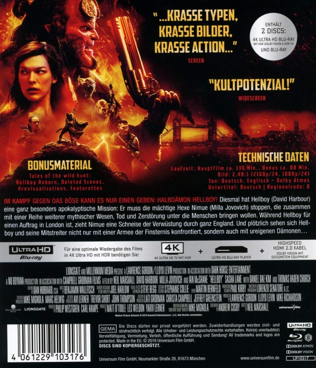 Backcover von Hellboy Call of Darkness 4K zeigt Dolby Vision und Dolby Atmos