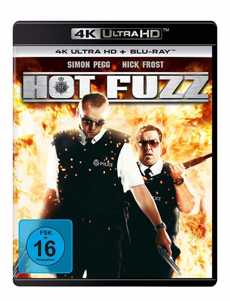 Hot Fuzz 4K Blu-ray Disc mit Simon Pegg und Nick Frost auf dem Cover