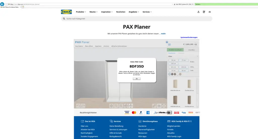 IKEA Pax Kleiderschrank und Code zum Abrufen des Möbelstücks