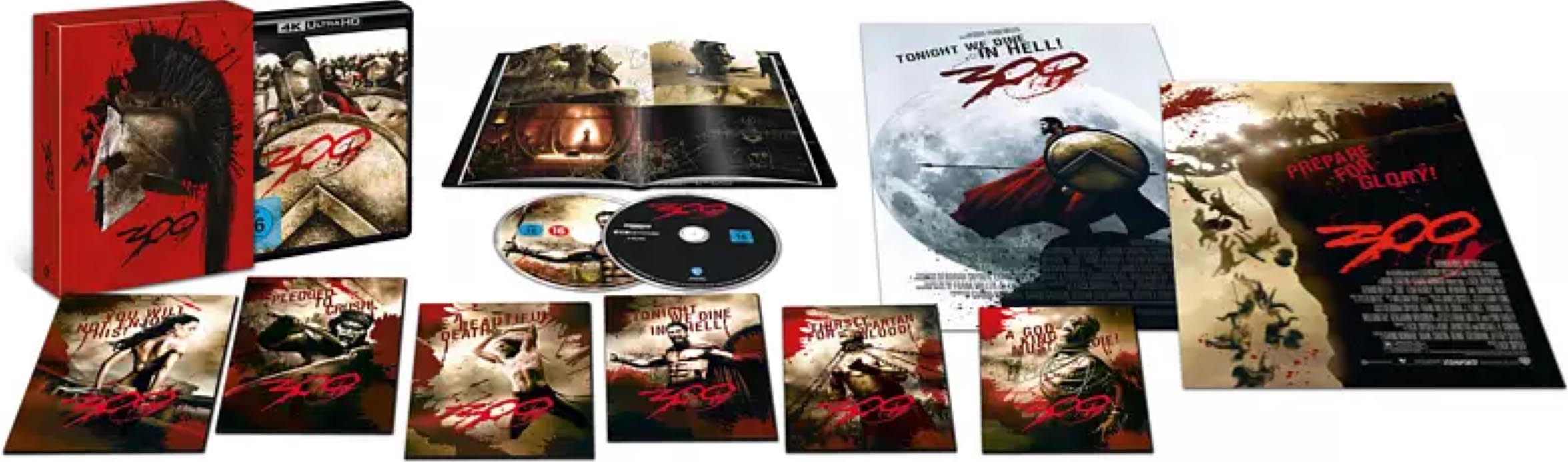 Inhalt der 300 4K Ultimate Edition mit Pappschuber, Booklet, Artcards und Poster