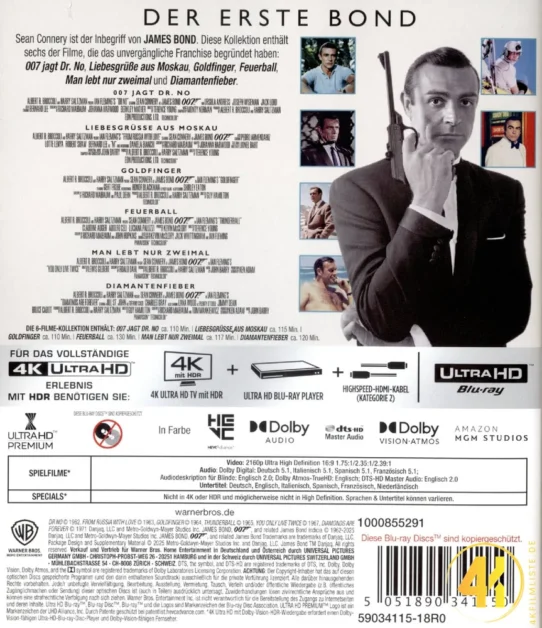 James Bond 007 Sean Connery Collection 4K Blu-ray Back Ultra HD Blu-ray Disc