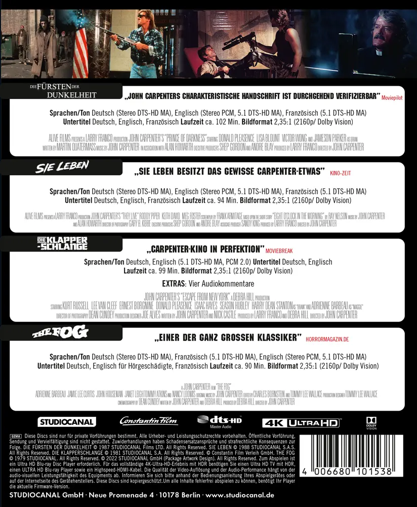 Backcover John Carpenter Collection mit Dolby Vision HDR