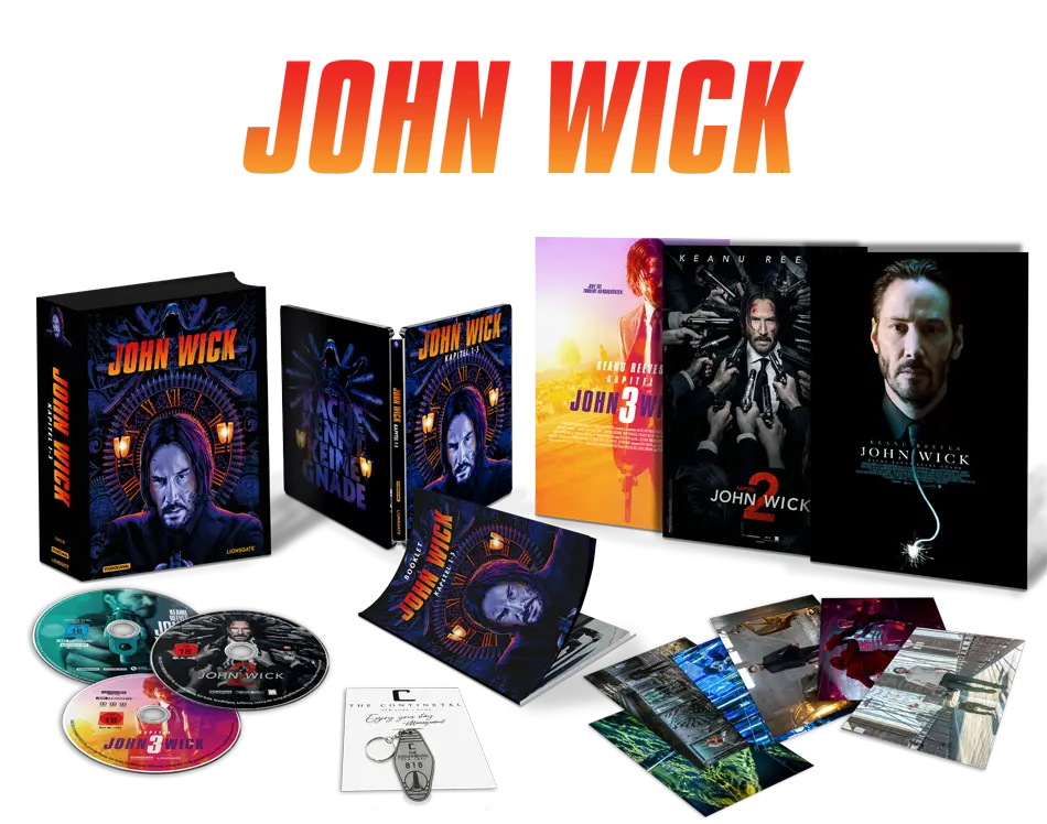 John Wick 3 Film Set mit Poster, Continental Schlüsselanhänger, Booklet & Artcards