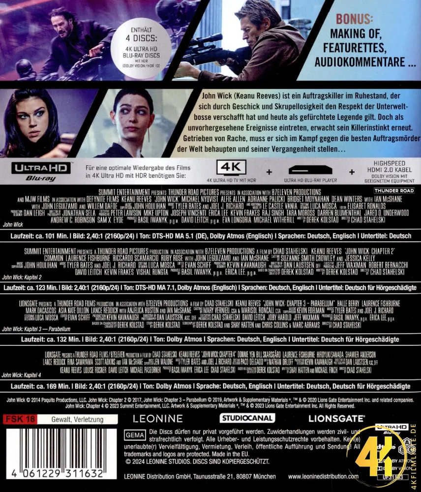 John Wick Collection 1 4 Backcover 4K Blu-ray Ultra HD Blu-ray Disc