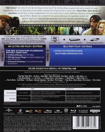 Peter Jacksons King Kong (2005) 4K Blu-ray Disc Backcover mit Toninformationen
