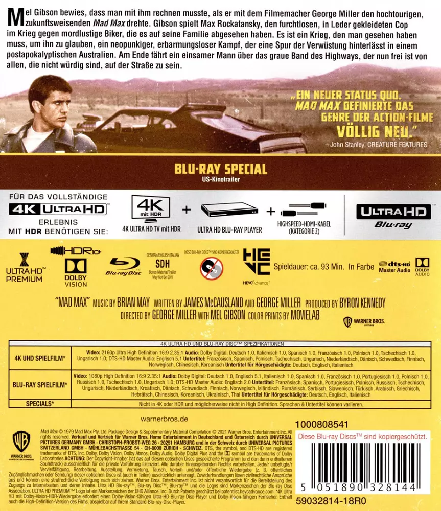 Mad Max 1 - 4K Blu-ray Disc mit Mel Gibson (Backcover)