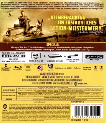 Mad Max: Der Vollstrecker mit Mel Gibson - 4K Blu-ray Disc Backcover mit sämtlichen technischen Informationen