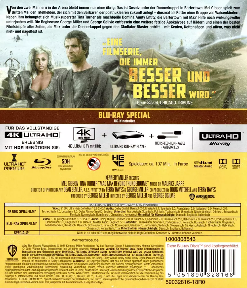Mad Max - Jenseits der Donnerkuppel mit Tina Turner (4K Blu-ray Backcover mit technischen Infos)