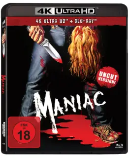 Maniac (1980) - 4K UHD Blu-ray Disc Cover mit Frank Zito und einem abgetrennten Kopf
