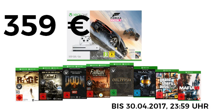 Microsoft Xbox One S inklusive 9 Spiele (GTA V, Forza) + 2 Controller für 359 € (bis  30.04.2017, 23:59 Uhr)