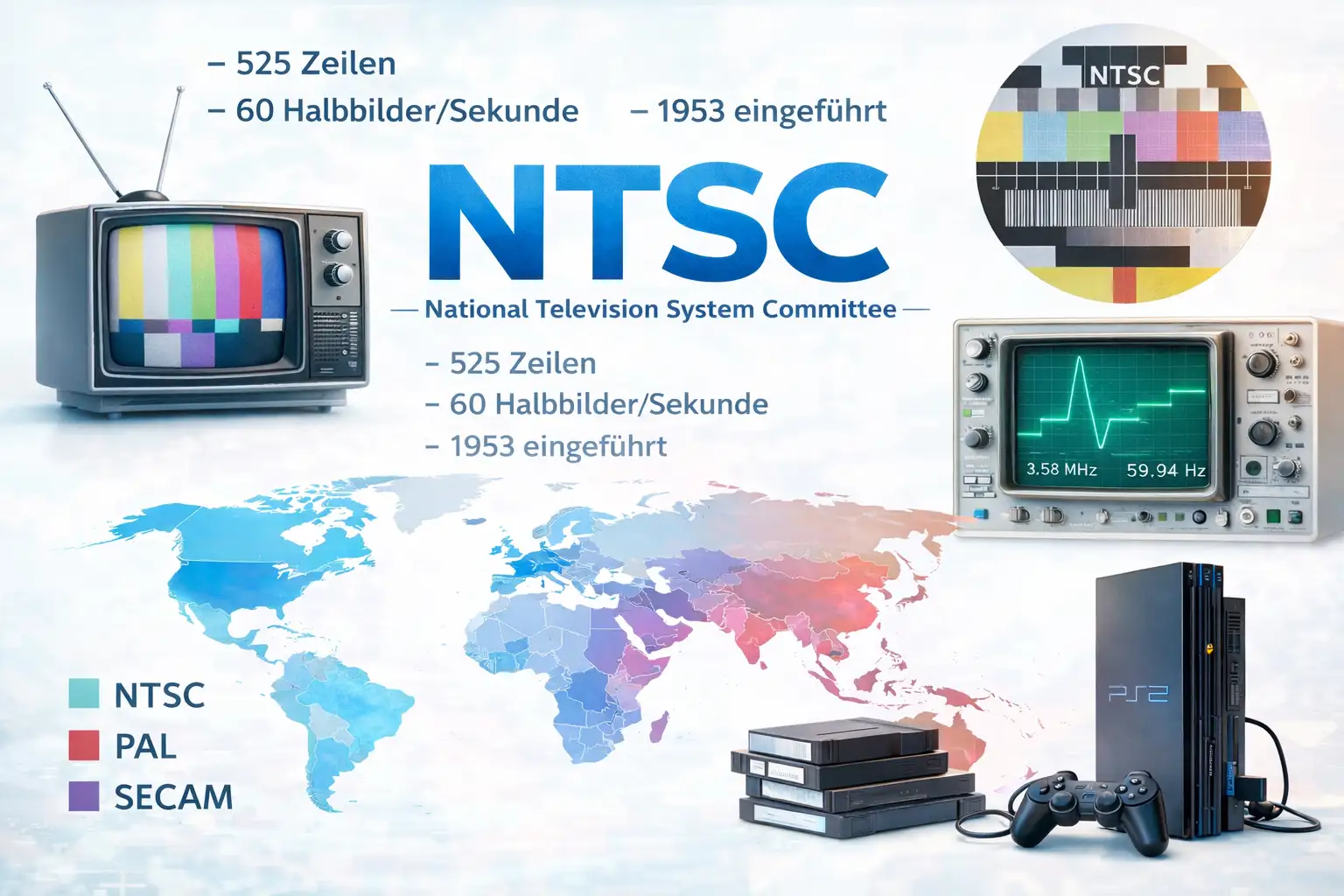 Bildliche Darstellung der NTSC TV Norm und des Formats
