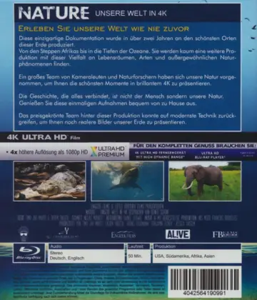 Our Nature 4K Backcover zeigt einen Hai und einen Elefanten sowie eine Erläuterung über den Inhalt