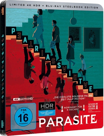 Parasite Cover vom 4K UHD Steelbook mit den Protagonisten des Films (Seitenansicht)