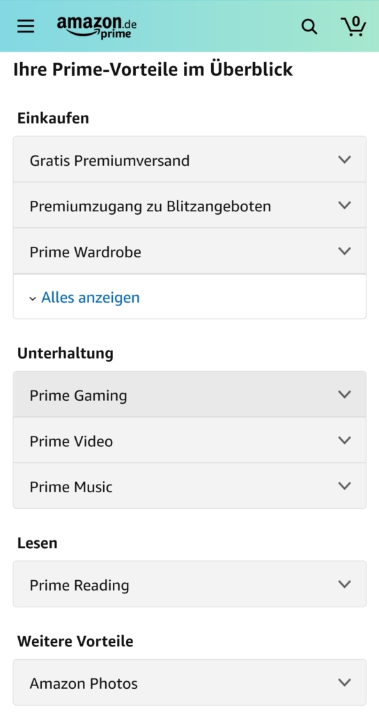 Amazon Prime Vorteile im Überblick (Ansicht Amazon Shopping App)