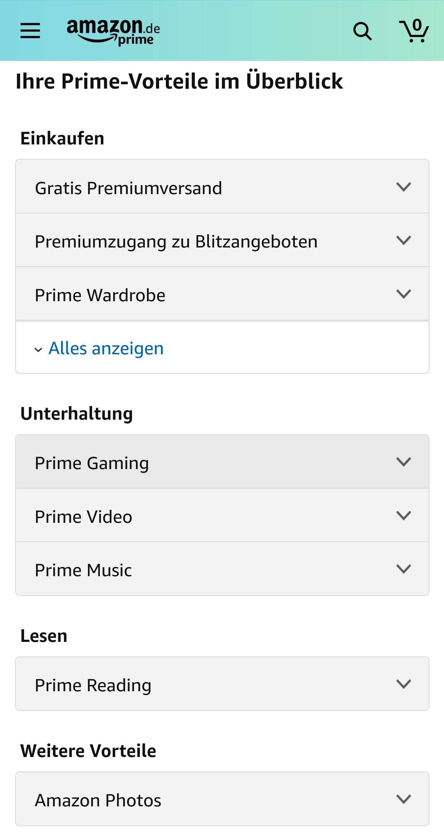 Amazon Prime Vorteile im Überblick (Ansicht Amazon Shopping App)