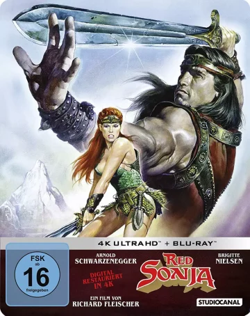 Frontcover Red Sonja 4K Steelbook mit Arnold Schwarzenegger und Brigitte Nielsen
