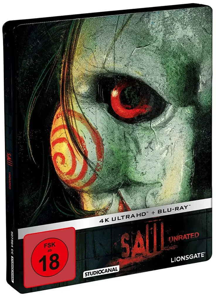 Saw Frontcover vom 4K Steelbook mit Puppe (und FSK Logo)
