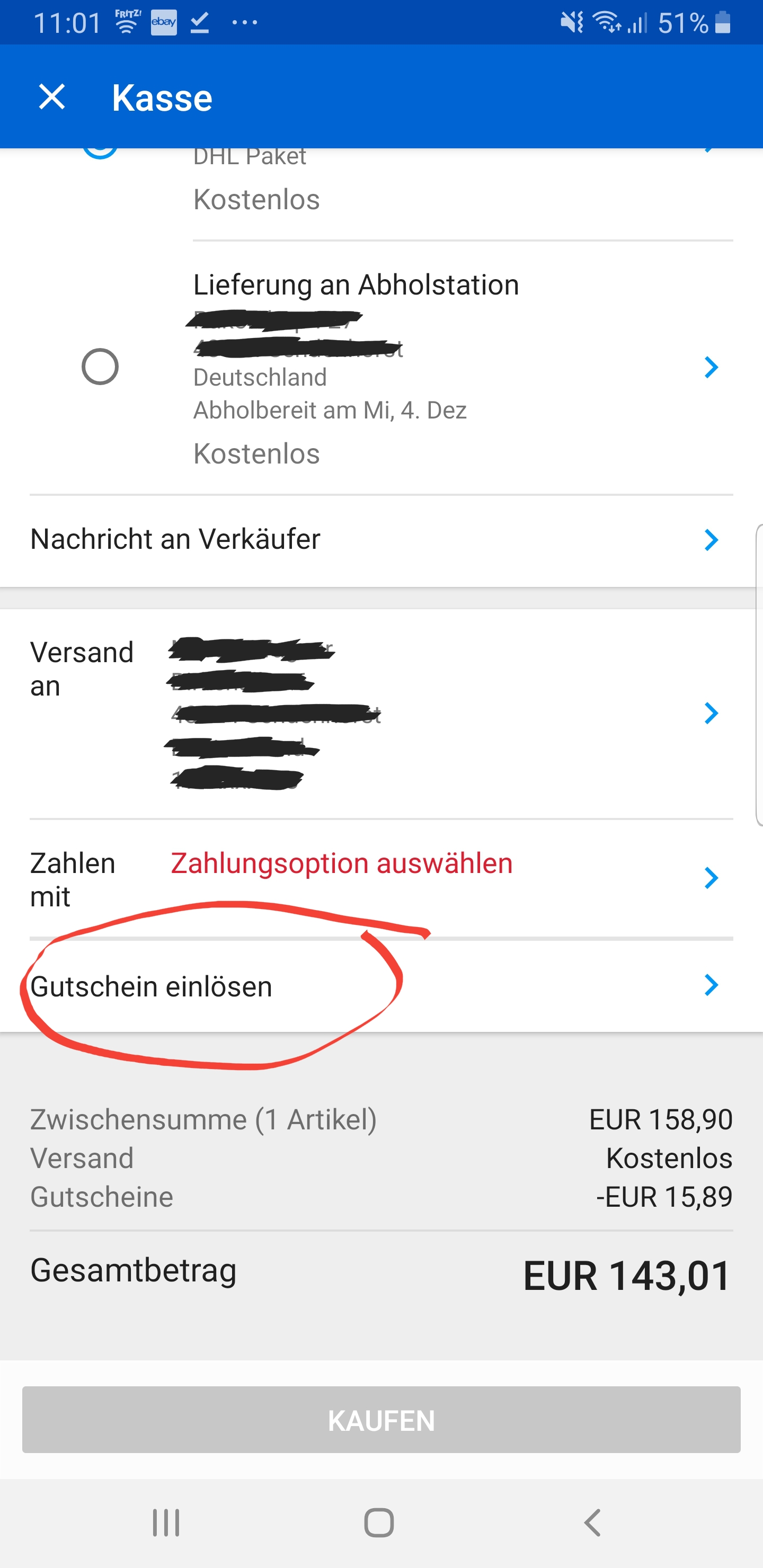 ebay Gutschein hinterlegen in der App