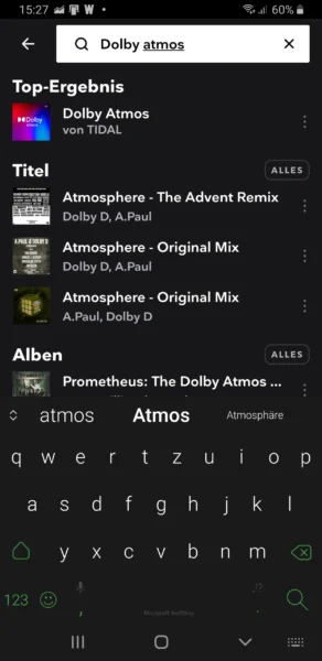 Suchfunktion von Tidal zeigt Dolby Atmos Musik